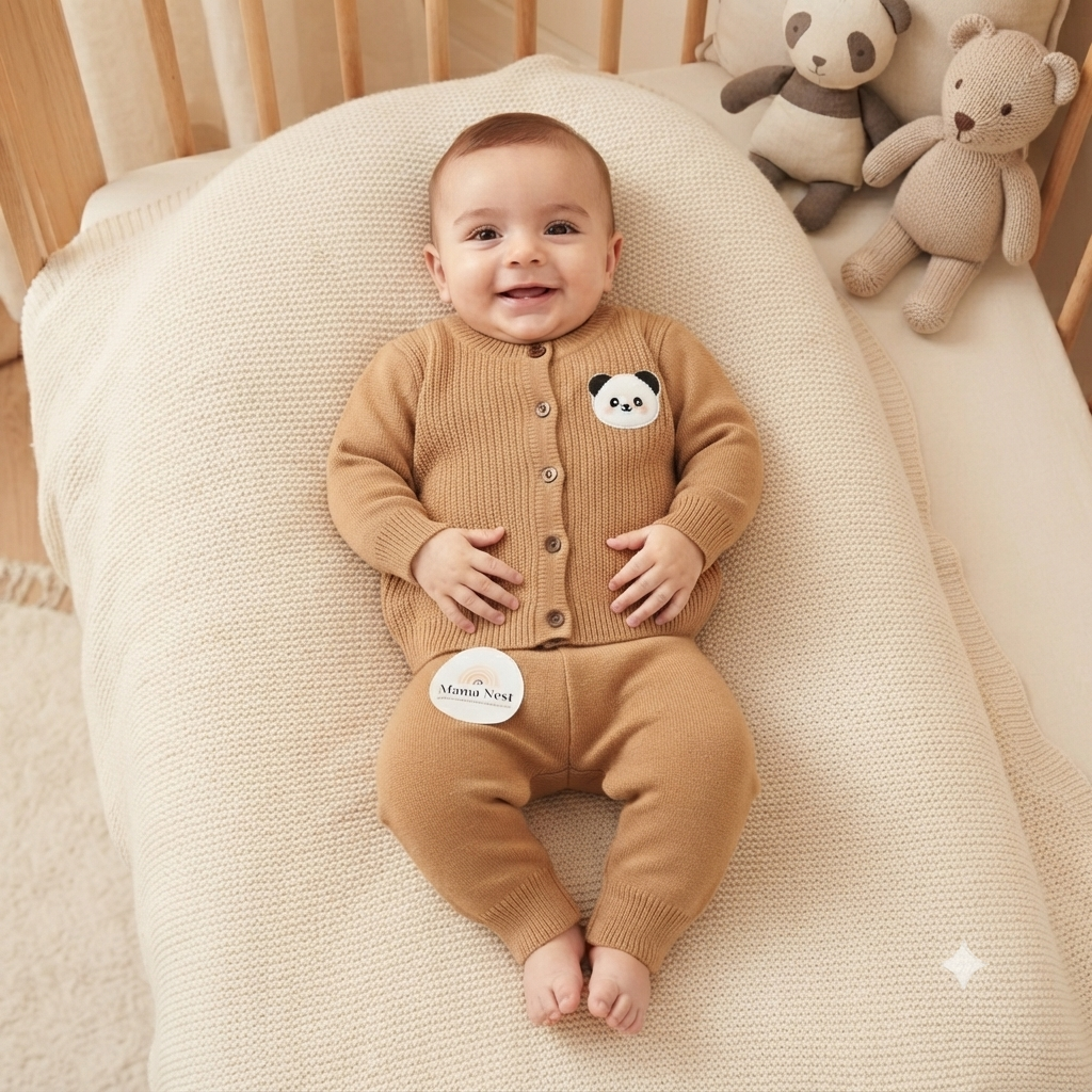 Baby Blue Panda Patch Ribbed Knit Cardigan Set-Brown