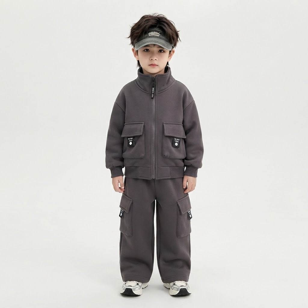 Unisex Kids Fleece Cargo Tracksuit Set-Black