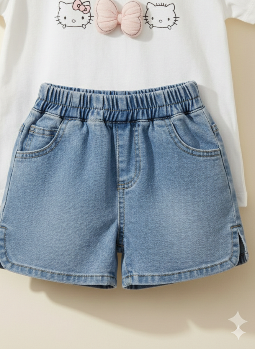 Kitty Charm Denim Co-ord Set White