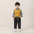 Mustard V-Neck Sweater Vest & Striped Shirt Set with Distressed Black Denim