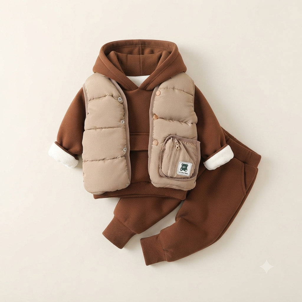 Cozy Bear Winter Puffer Vest & Fleece 3-Piece Outfit