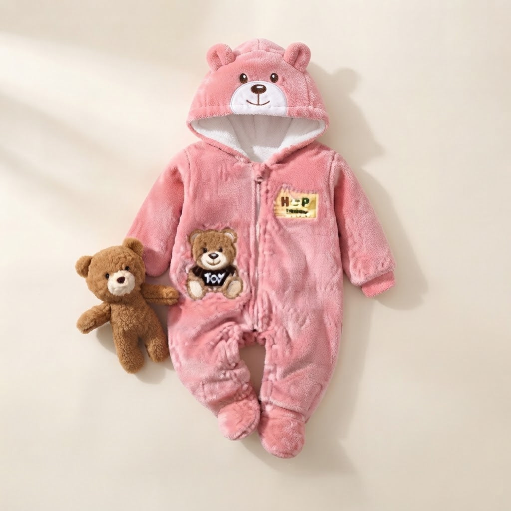 Cozy Bear Hooded Fleece Romper-Pink