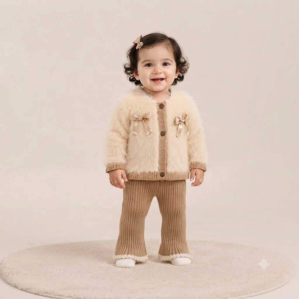 Cream Bow Knit Cardigan Set