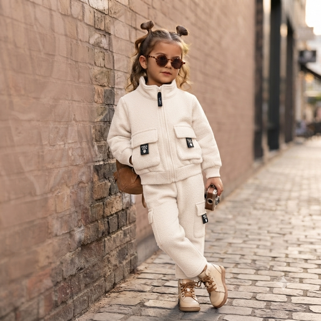 Unisex Kids Fleece Cargo Tracksuit Set-Cream