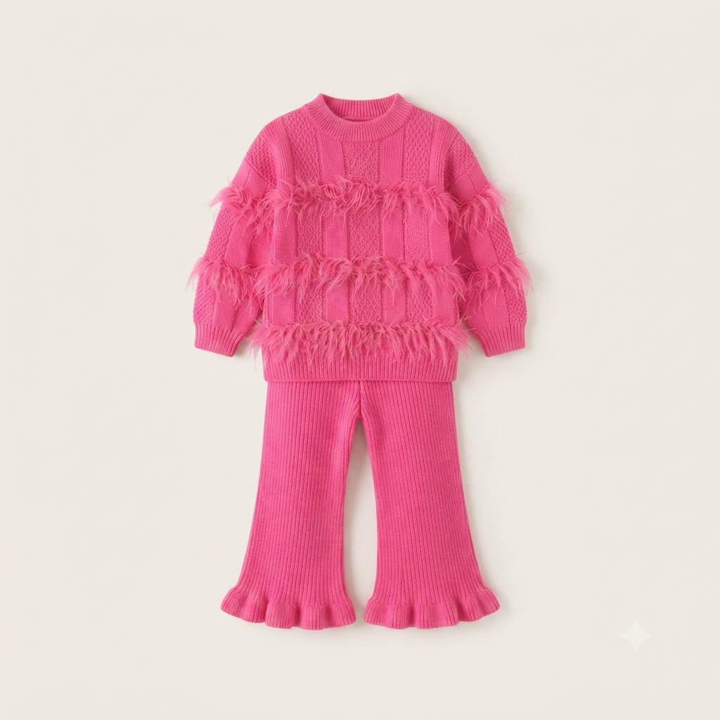 Hot Pink Feather Knit Sweater & Flare Pants Set