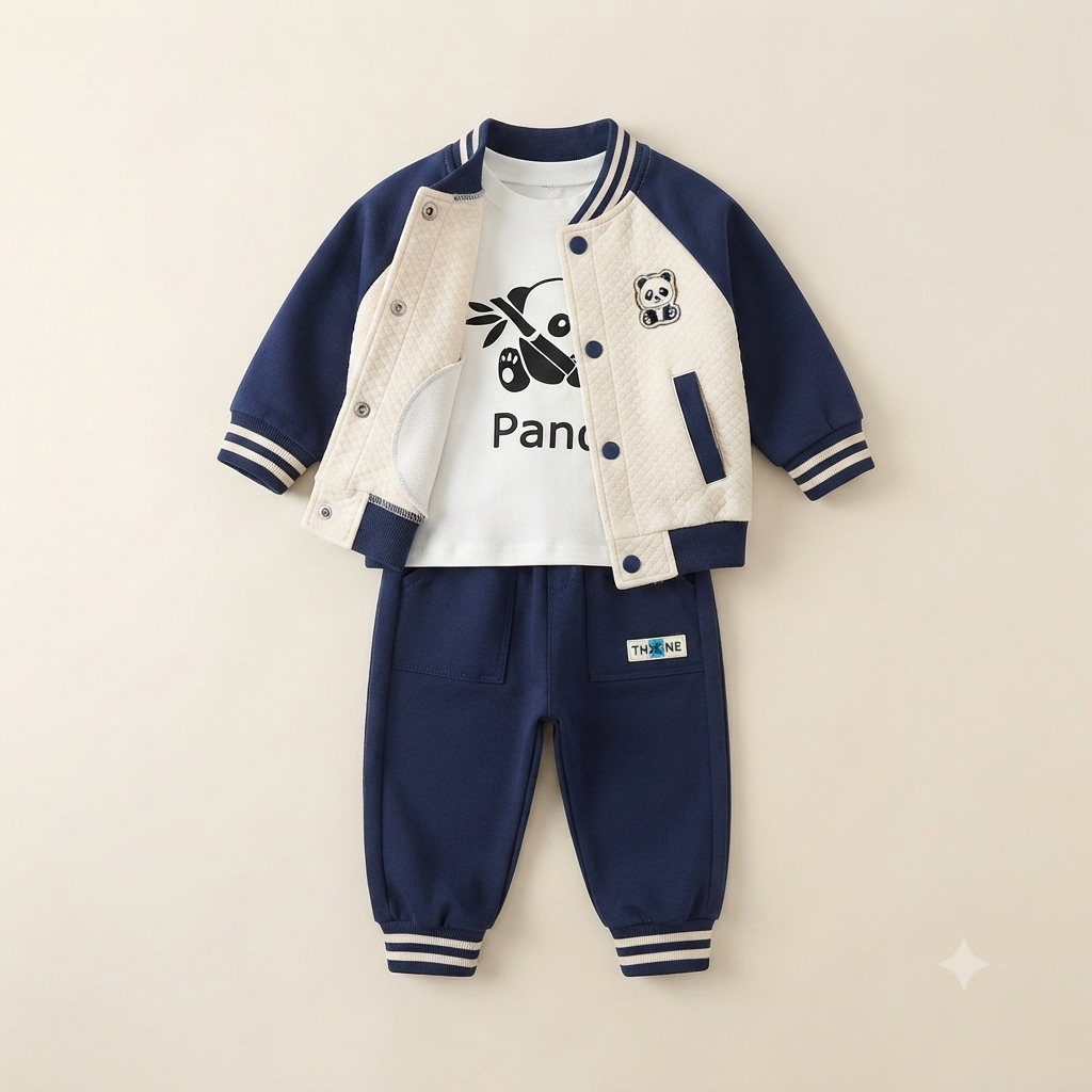 Toddler Boy Navy & Cream Panda Bomber Jacket Outfit Set