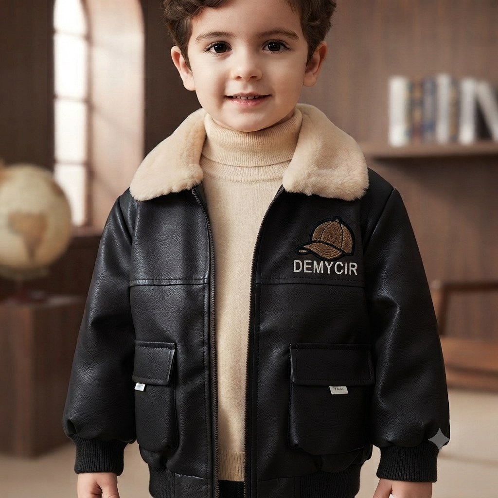 Kids Faux-Leather Aviator Bomber Jacket- Black
