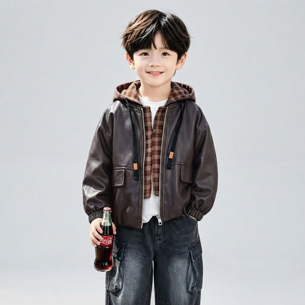 Boys Faux-Leather Zip-Up Jacket with Plaid Hood and Cargo Jeans Outfit