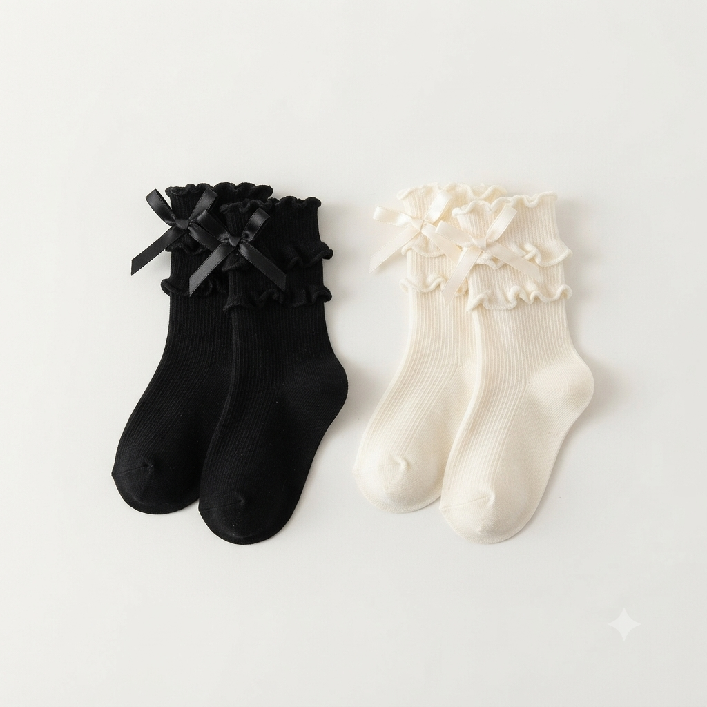 Princess Ruffle & Bow Girls Ankle Socks - Black & white