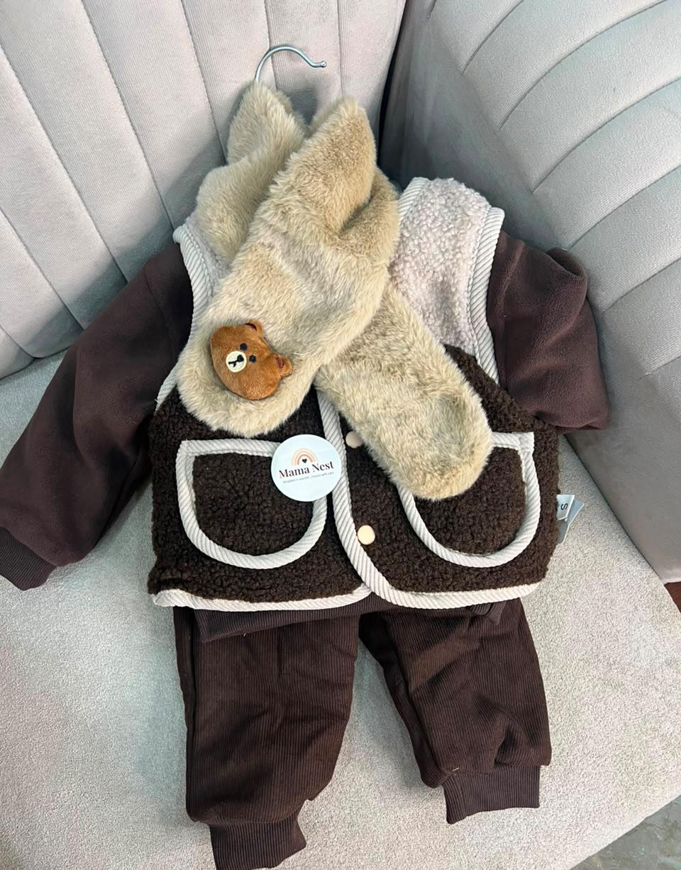 Ultra-Warm Brown Fleece & Sherpa 4-Piece Winter Set with Matching Muffler