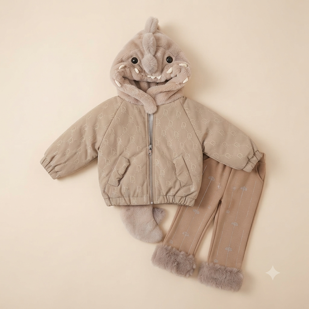 Kids Cute Dinosaur 2-Piece Winter leather jacket with Faux Fur Trim and Hood-Brown