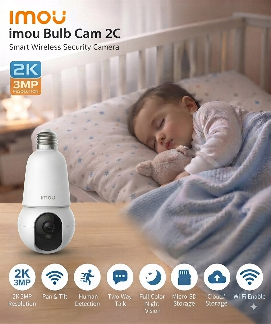 IMOU Bulb Cam 2C – 2K Baby Monitor Camera | 1-Year Warranty