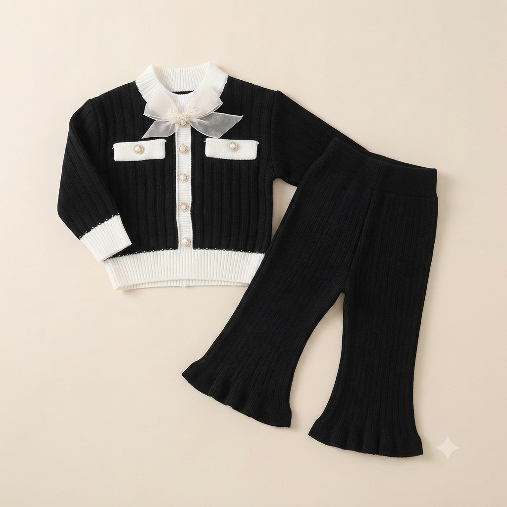Bow Accent Ribbed Knit Cardigan and Pants Set-Black