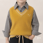 Mustard V-Neck Sweater Vest & Striped Shirt Set with Distressed Black Denim