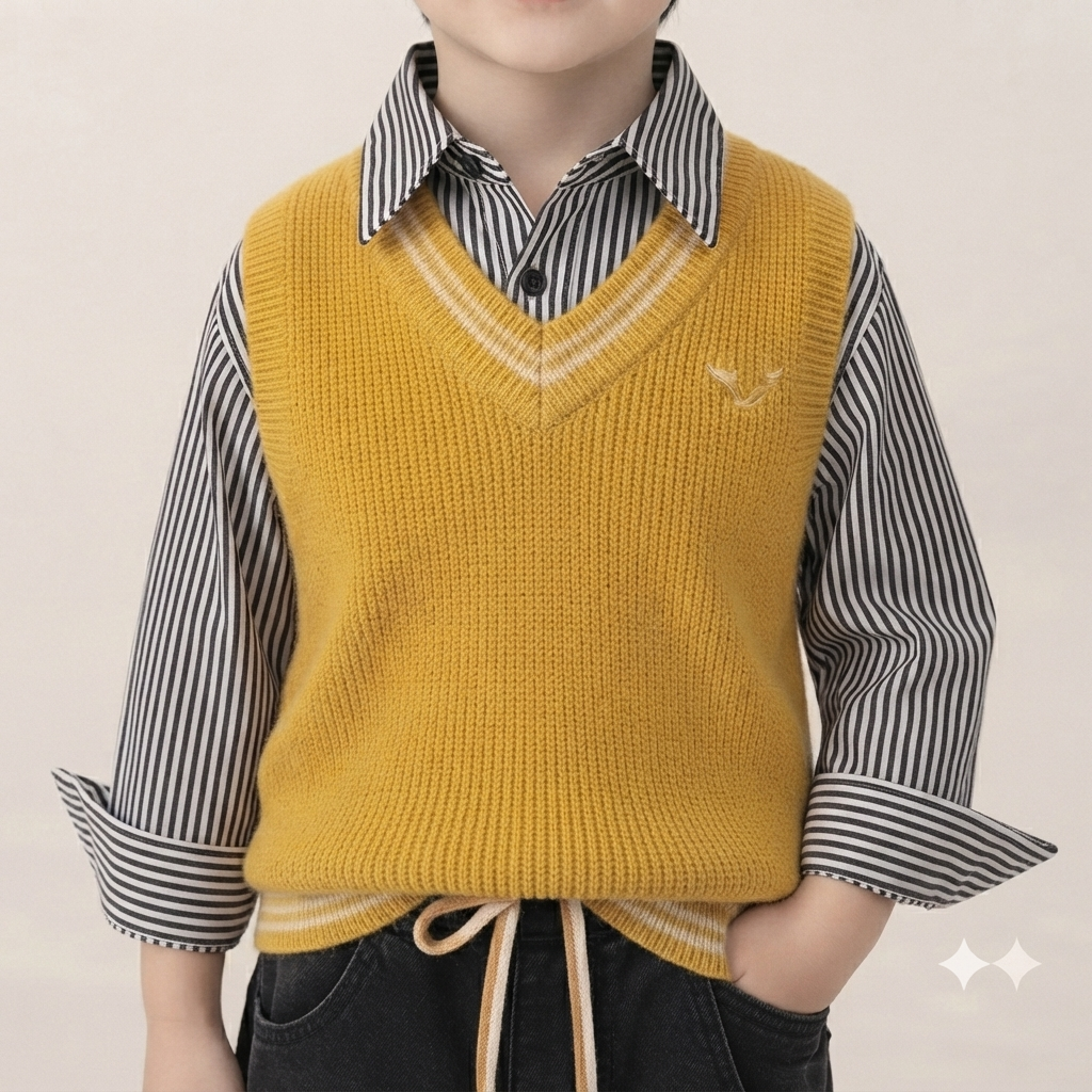 Mustard V-Neck Sweater Vest & Striped Shirt Set with Distressed Black Denim