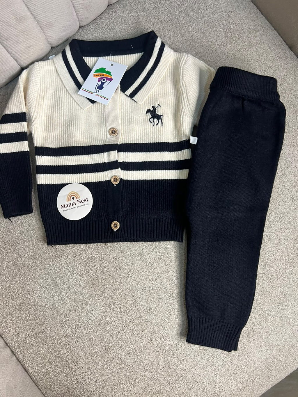 Black & White Striped Knit Baby Cardigan and Pants Set