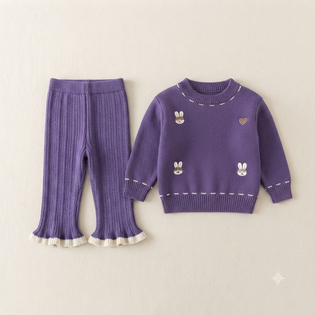 Cozy Bunny Embroidered Knit- Purple