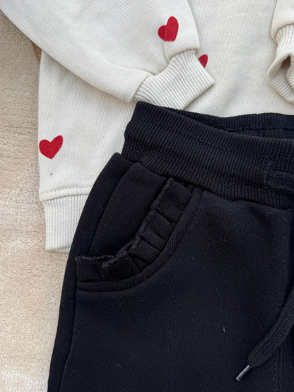 Cream Heart Fleece Sweatshirt & Black Trouser Set