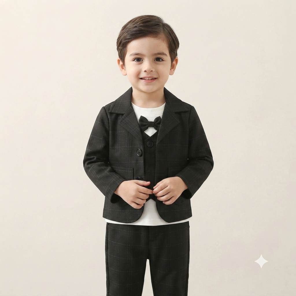 Little Gentleman Plaid Suit & Vest Birthday Outfit-Black