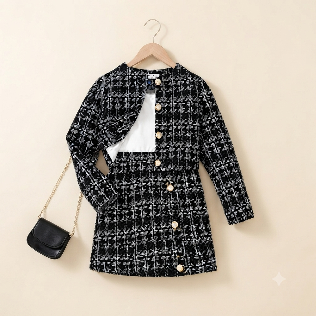 SHEIN Girls Chic Button-Accented Tweed Blazer and Skirt Combo