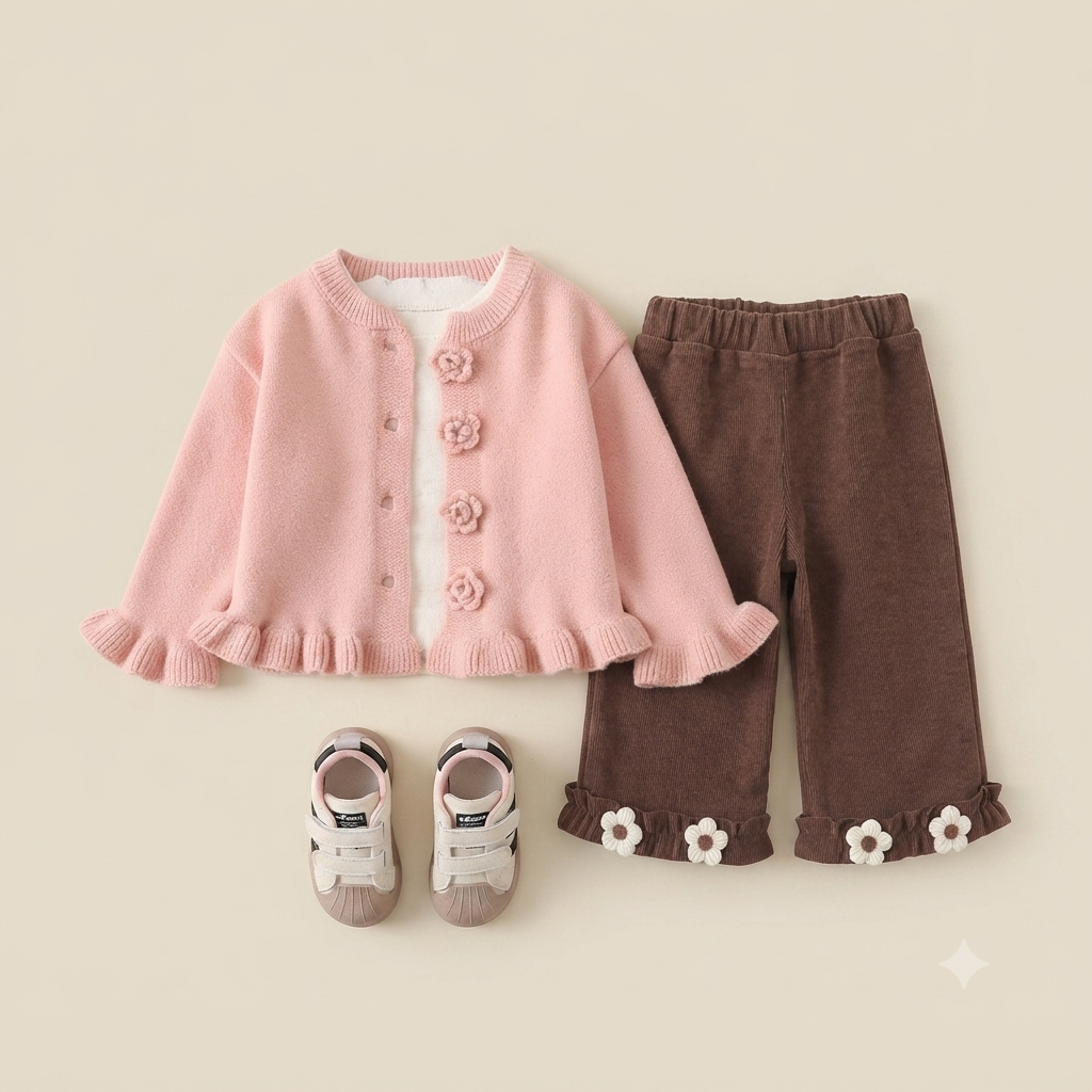 Girls Floral Knit Cardigan & Wide-Leg Pants Set-Pink