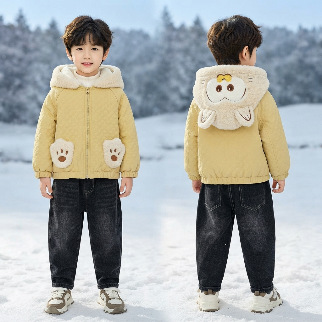 Kids Bear Hood Winter Jacket & Fur-Lined Pants Set – Yellow
