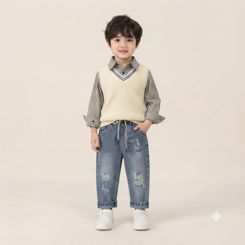Cream V-Neck Knit Vest & Striped Shirt Set with Distressed Denim