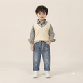 Cream V-Neck Knit Vest & Striped Shirt Set with Distressed Denim