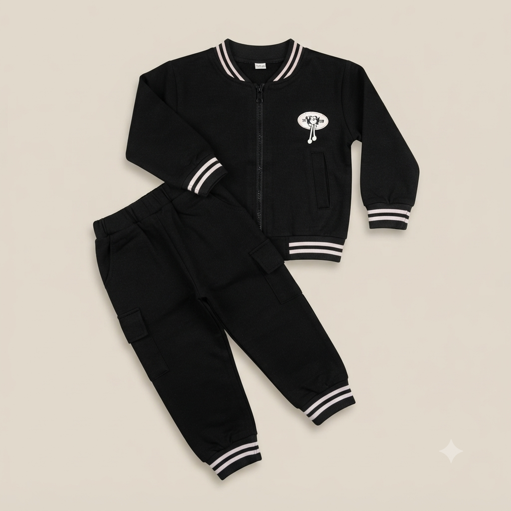 Black Corduroy Varsity Jacket and Pants Tracksuit Set for Boys