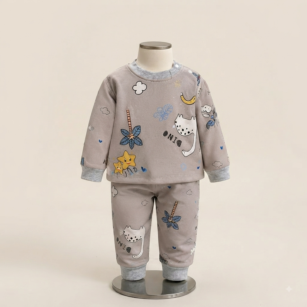 Grey Cartoon Fleece Set for Kids