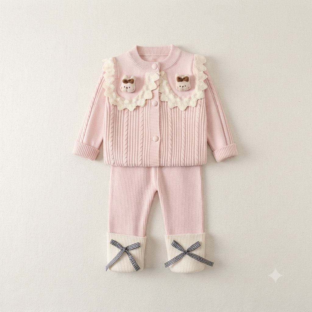 Toddler Girls Cute Bunny Collar Knit Cardigan and Leggings Set - Pink