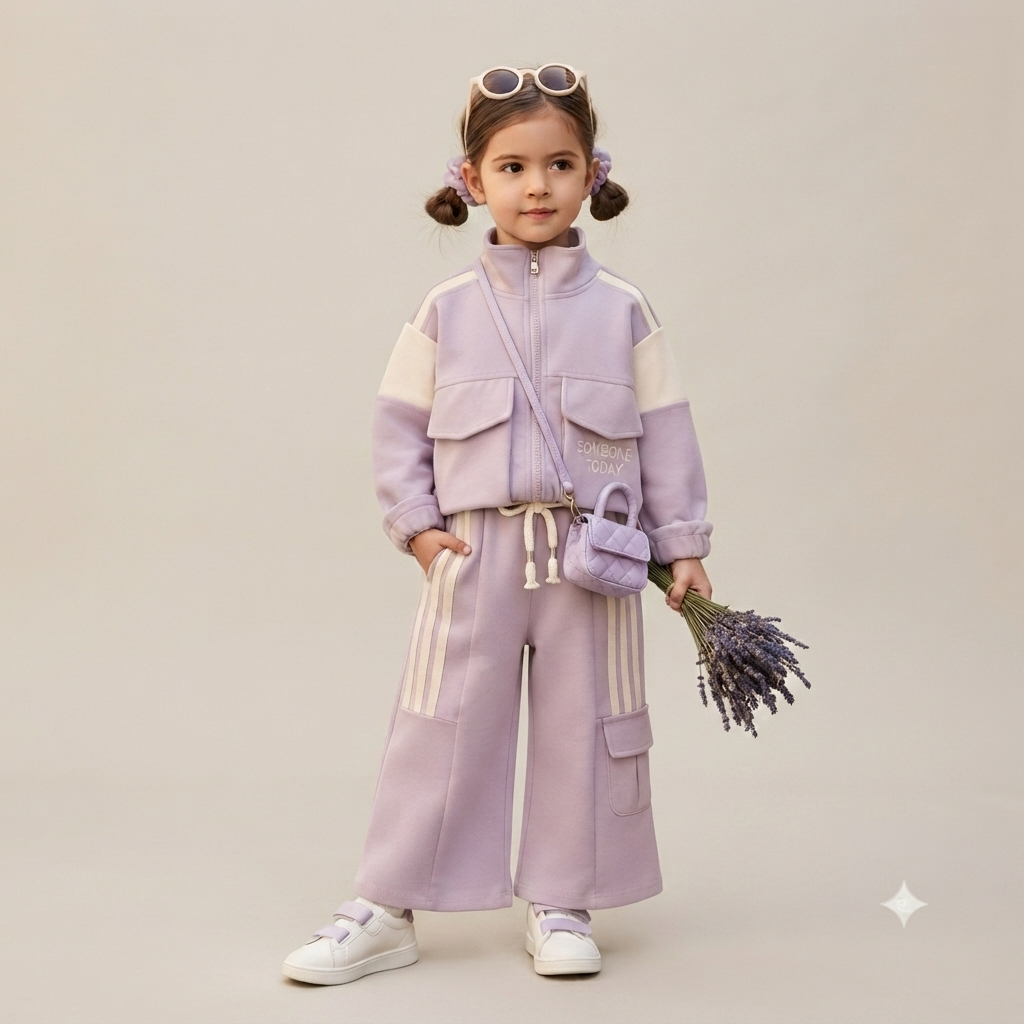 Girl's Sporty Lilac Colorblock Jogger Set with Pockets