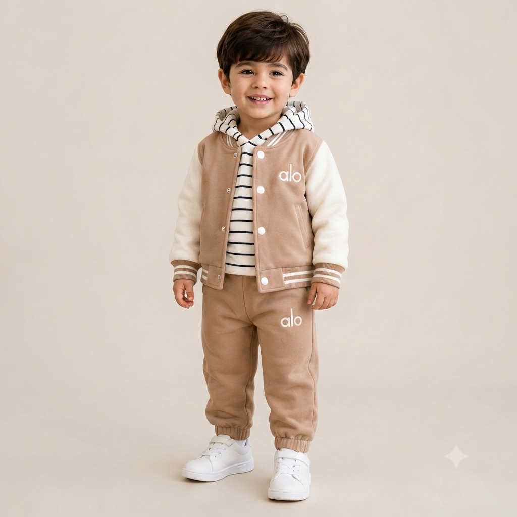 Baby Boy 3-Piece Varsity Jacket, Striped Hoodie, and Jogger Set-Brown