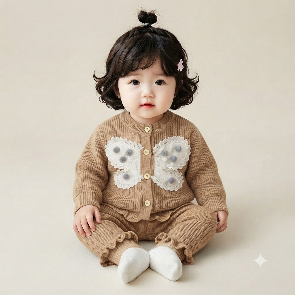 Butterfly Applique Ribbed Knit Cardigan and Pants Set