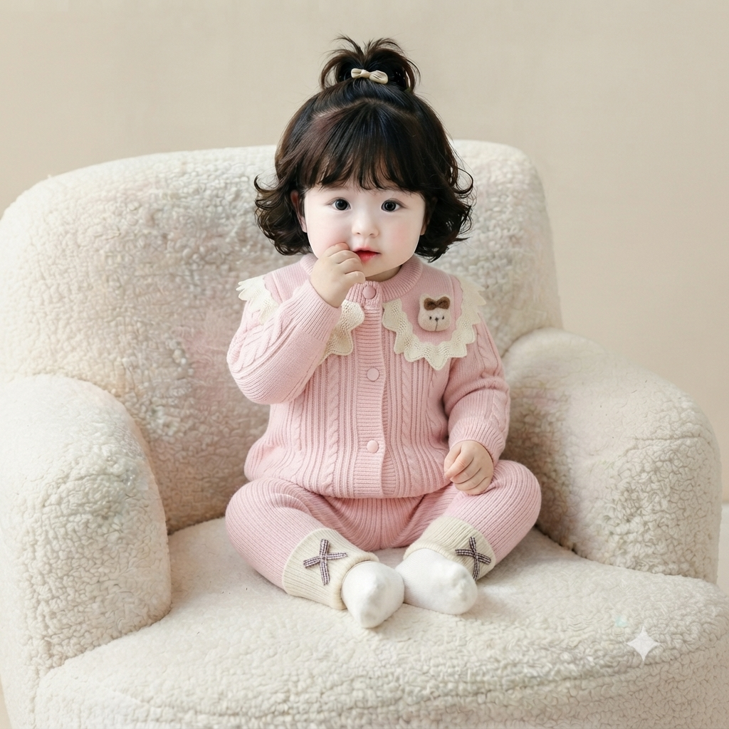 Toddler Girls Cute Bunny Collar Knit Cardigan and Leggings Set - Pink