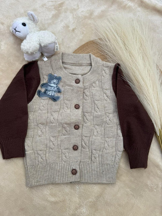 Two-Tone Teddy Cable Knit Cardigan (Beige & Brown)