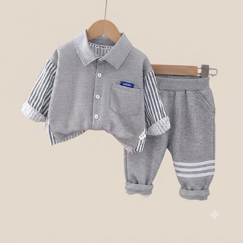 Toddler Striped Sleeve Polo and Jogger Set – Heather Grey