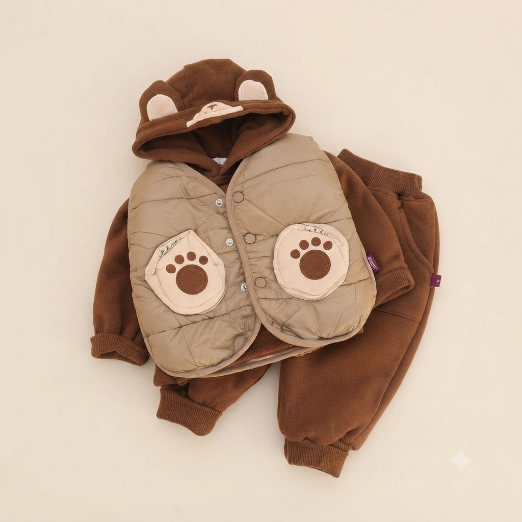 Cozy Bear Winter Puffer Vest & Fleece 3-Piece Outfit