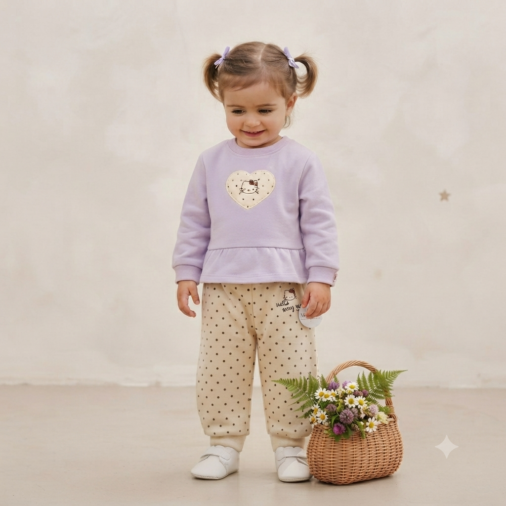 Lilac Peplum Sweatshirt & Polka Dot Trouser Set Fleece