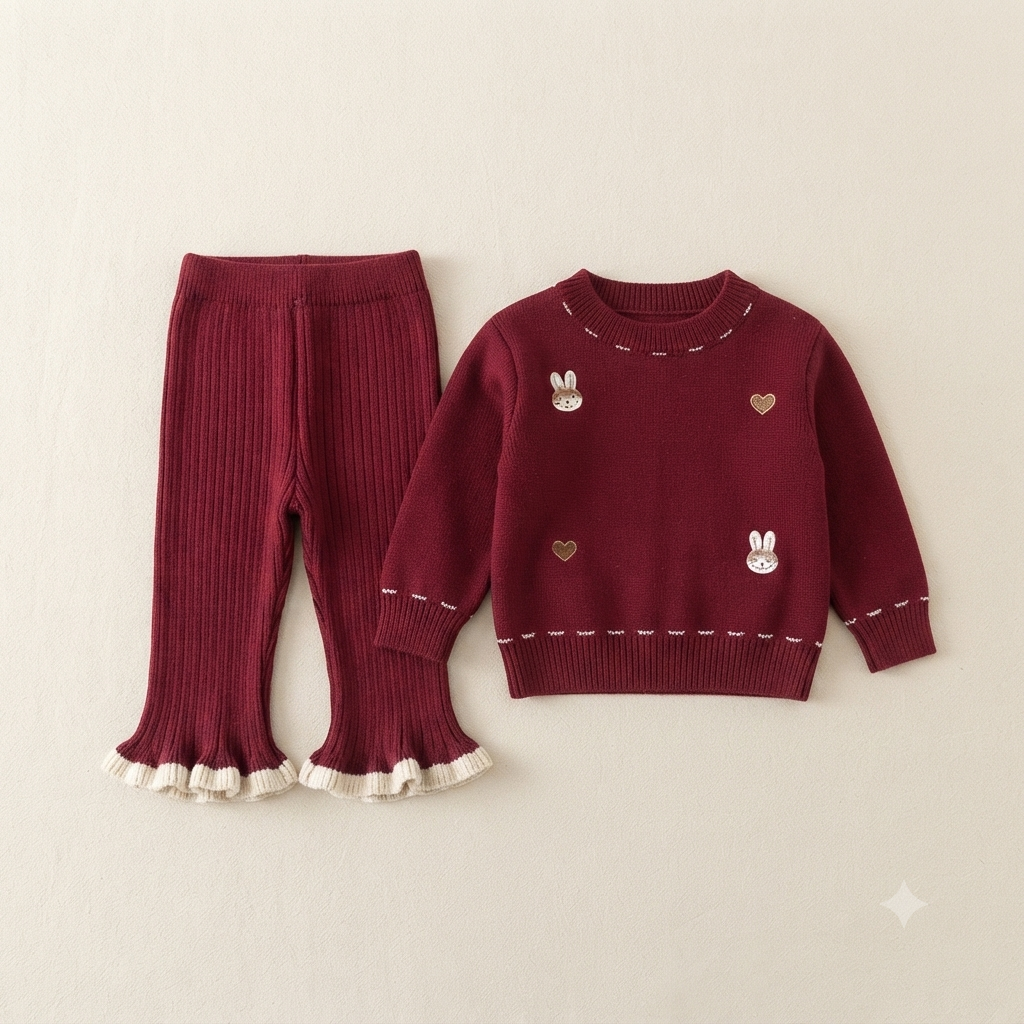 Cozy Bunny Embroidered Knit- Red