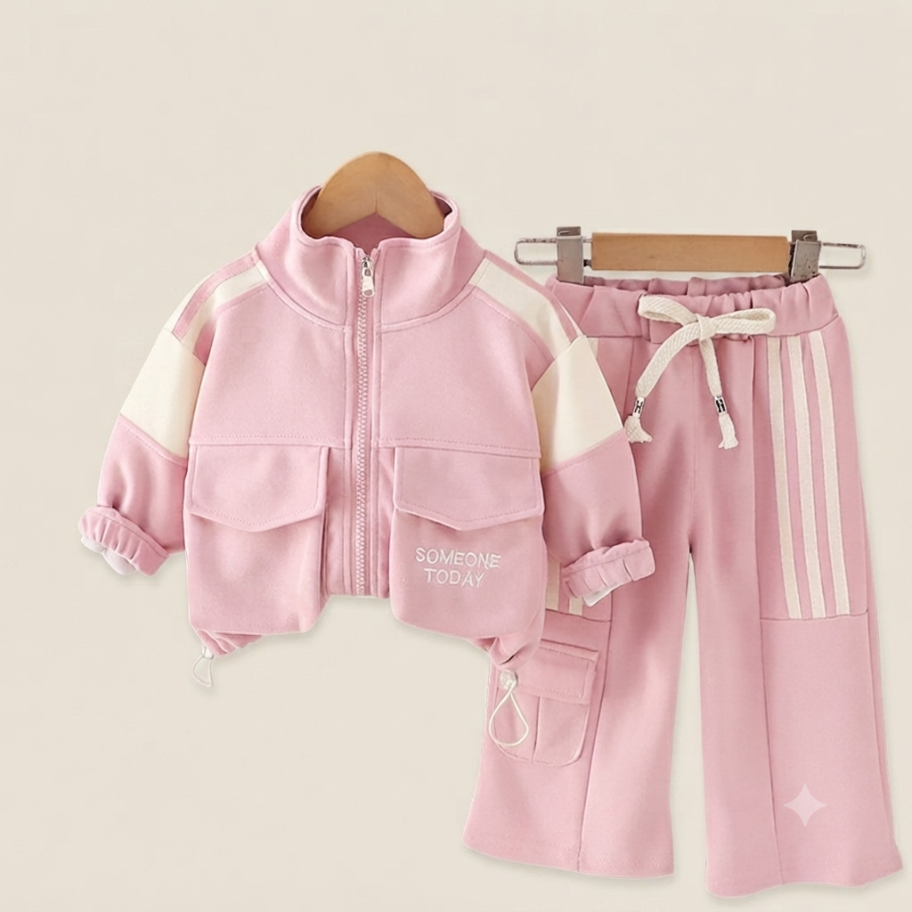 Girl's Sporty Pink Colorblock Jogger Set with Pockets