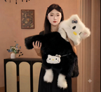 Plush Kitty Hooded Faux Fur Jacket- Black