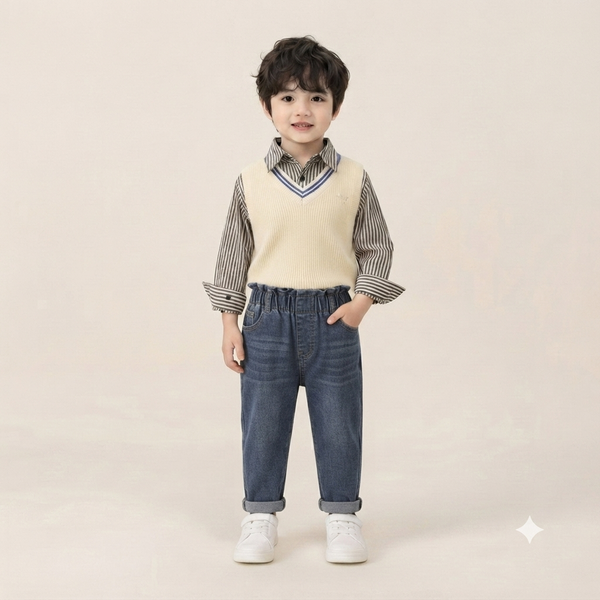 Cream V-Neck Knit Vest & Striped Shirt Set with Distressed Denim
