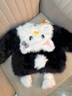 Plush Kitty Hooded Faux Fur Jacket- Black