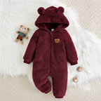Cozy Pixes Burgundy Sherpa Baby Romper with Bear Ears & Chest Embroidery