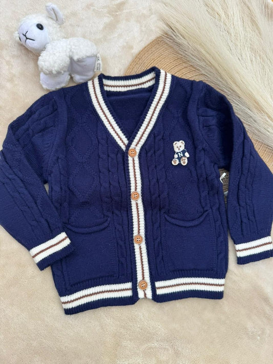 Navy Varsity Cable Knit Cardigan (Bear Patch)