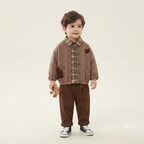Little Teddy Bear Knit Cardigan 3-Piece Winter Outfit – Plaid & Beige