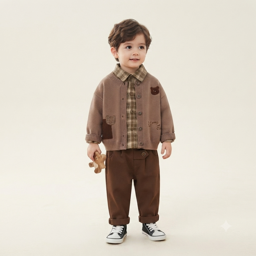 Little Teddy Bear Knit Cardigan 3-Piece Winter Outfit – Plaid & Beige