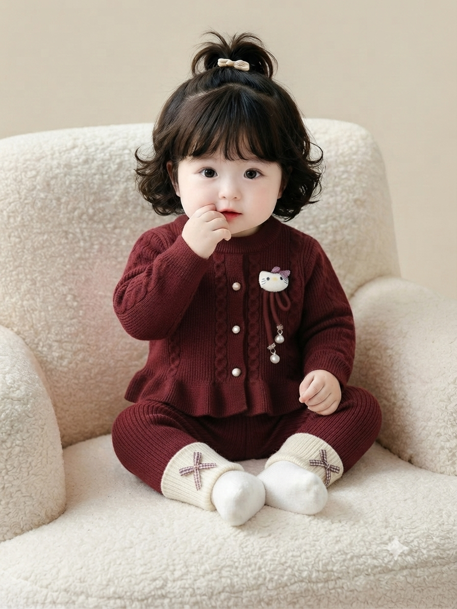 Hello Kitty Cable-Knit Ruffled Cardigan & Leggings Set