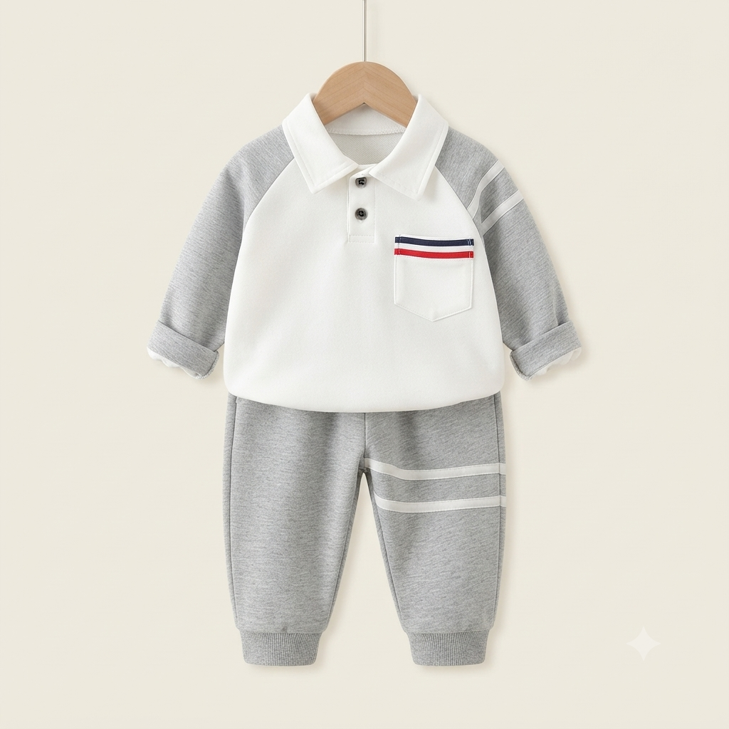 Toddler Boy Colorblock Polo Sweatshirt and Jogger Set-Grey